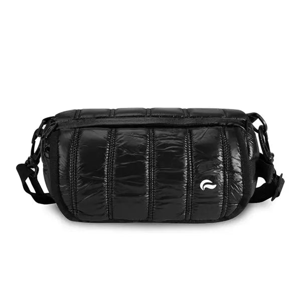 The Skunk Uptown Crossbody Duffle Bag features a black, rectangular quilted design, adjustable strap, small white logo, and 100% smell and weather-proof carbon lining to protect your essentials.